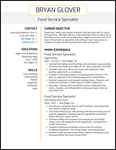 Food service specialist resume with 2 years of experience