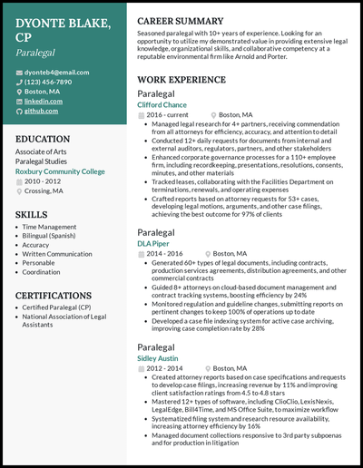 Paralegal resume with 10 years of experience