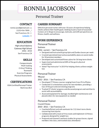 Personal Trainer resume with 10+ years of experience