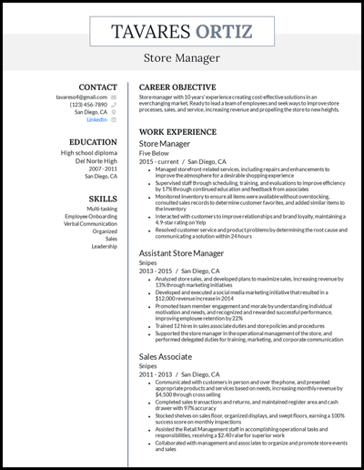 Store manager resume with 6 years of experience