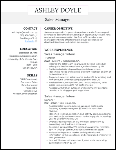 Sales manager resume with 1+ years of experience