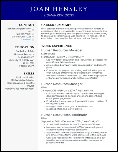 Experienced human resources manager resume with 7 years of experience