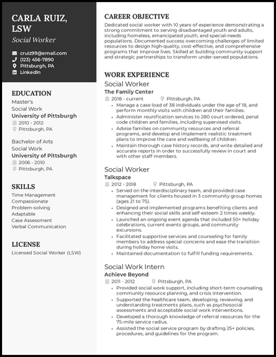 Social worker resume with 10 years of experience