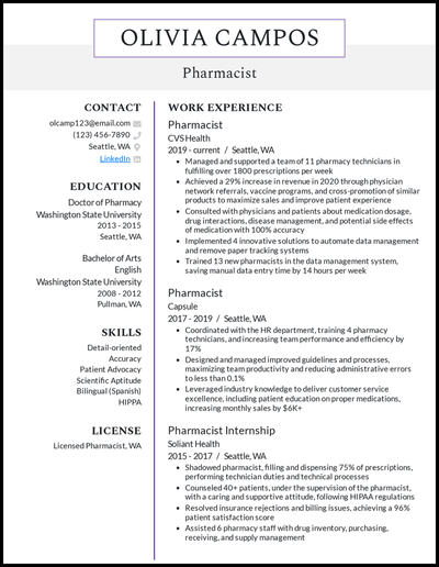 Pharmacist resume with 7+ years of experience