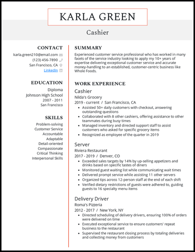 Cashier resume with 10+ years of experience