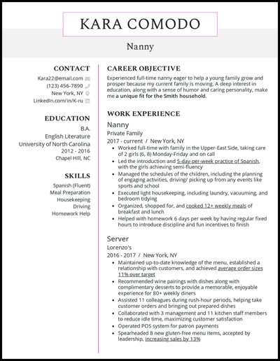 Nanny resume example with 6+ years of experience