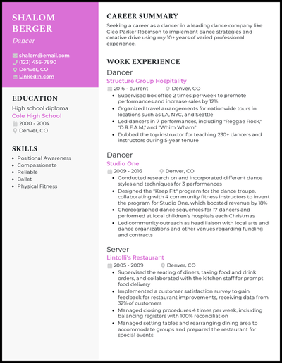 Dance resume with 10+ years of experience
