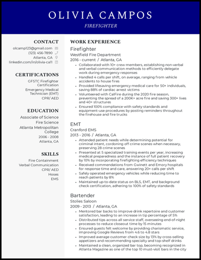 Firefighter resume with 5 years of experience