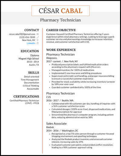 Pharmacy technician resume with 5+ years of experience