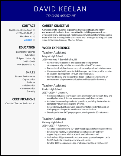 Teacher assistant resume with 7 years experience
