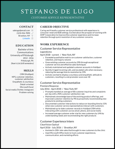 Customer service representative resume with 5+ years of experience