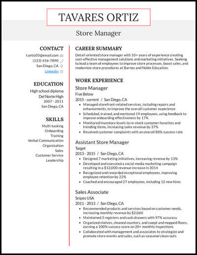 Store manager resume with 6 years of experience