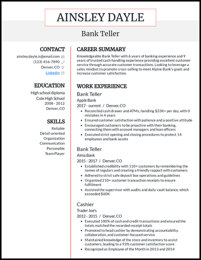 Bank teller resume with 6+ years of experience and a summary