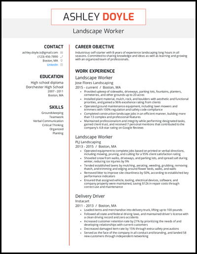 Landscape worker resume with 8 years of experience