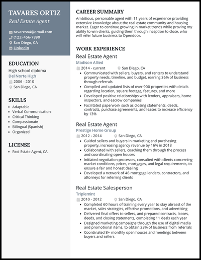 Real estate agent resume with 11 years of experience