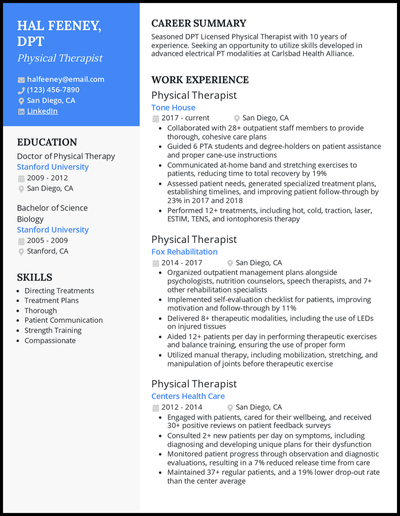 Physical therapist resume with 10 years of experience