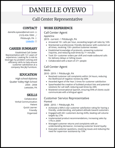 Call center representative with 12+ years of experience