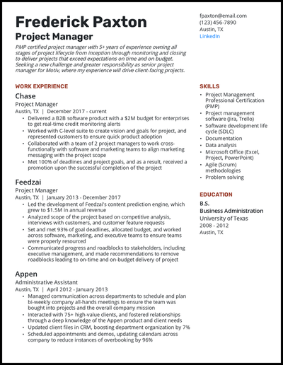 Project manager resume with PMP certification and 5+ years of experience