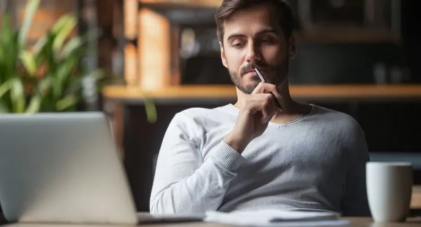 Man at laptop calculating his outstanding debt
