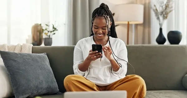 Happy woman on her phone
