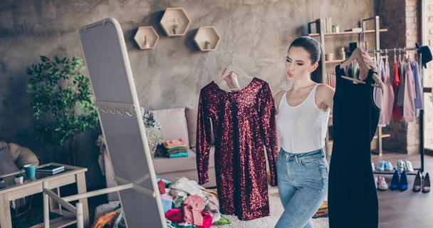 woman trying on clothes