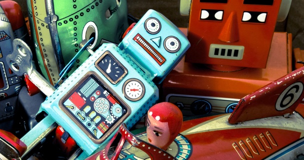 colourful antique toys in a box