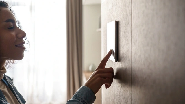Woman using smart home device on the wall