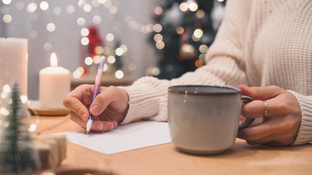 Woman in white sweater is writing a list while drinking from a mug. There's a Christmas tree, candles and twinkly fairy lights in the background.