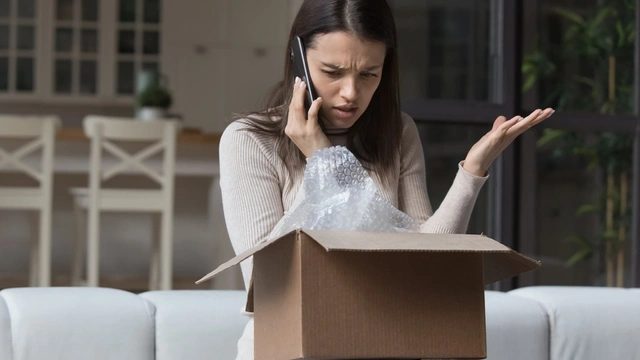 woman on the phone with a damaged parcel