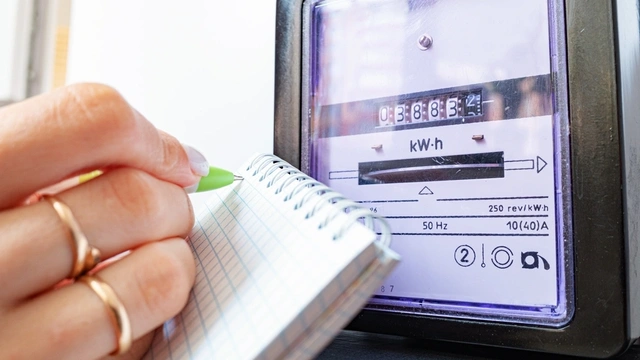Close up of energy meter with a woman writing on a note pad