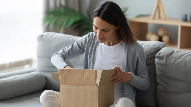 Happy young Caucasian woman sit on couch in living room unpack cardboard box with Internet order