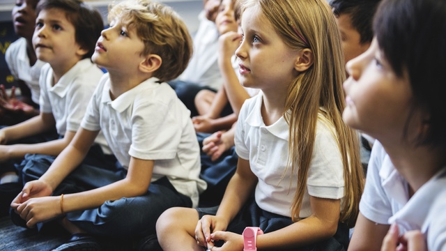 school kids listening to teacher