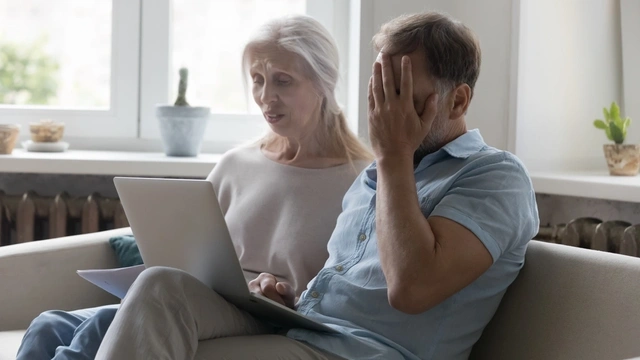 Pensioners at laptop looking upset