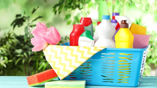 basket of cleaning products