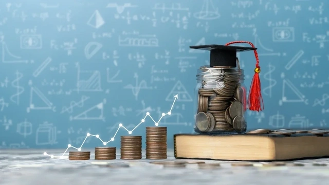 Jar of coins with a student graduation hat on