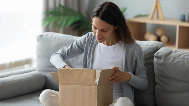 Young woman sitting on couch unpacking cardboard box