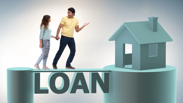 Couple standing on a CGI bridge written with the word loan which leads to a house.