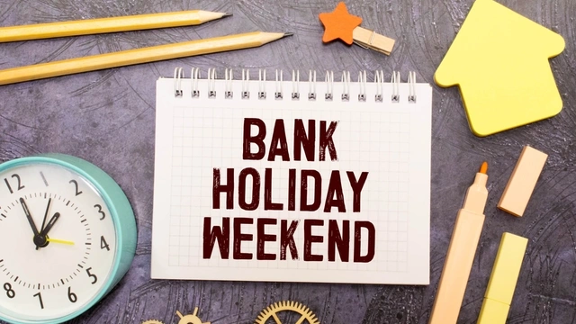 Bank holiday weekend written on paper with sticky notes and pencils next to it.