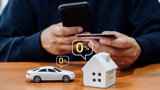 Close up of a man with his phone and credit card with a model home and a model car in front of him with 0% bubbles around the models
