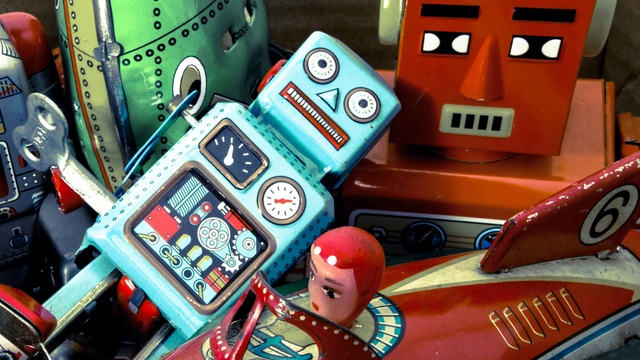 colourful antique toys in a box