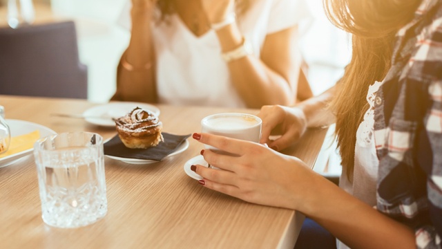 Friends drinking coffee and eating together
