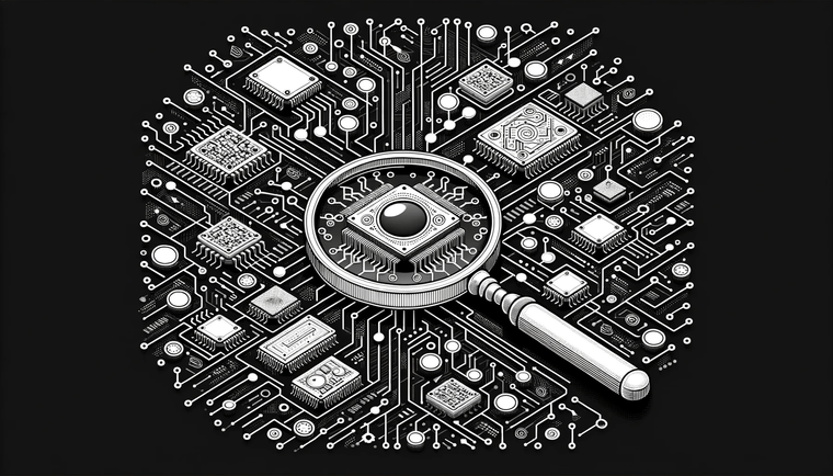 Magnifying glass on a circuit board. Representing AI powered search.