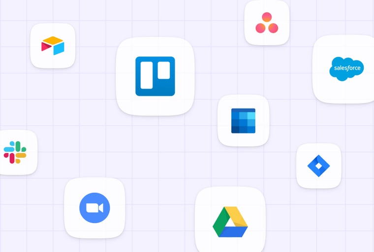 Grid background with logos of Zoom, Trello, Salesforce, Asana, Google Drive and Airtable.