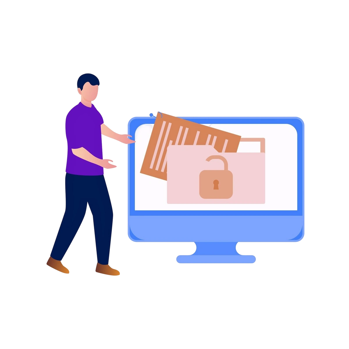 Illustration of a person placing documents into a secure folder on a computer screen.