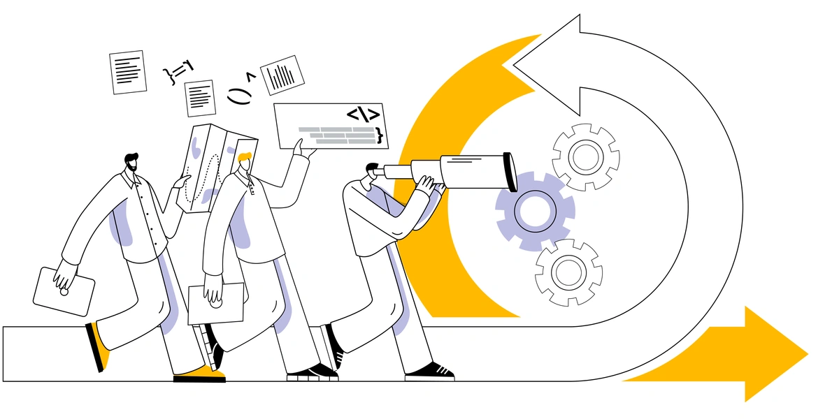 A stylized illustration of three individuals in lab coats, one looking through a telescope at gears, representing the concept of agile development in a continuous loop.