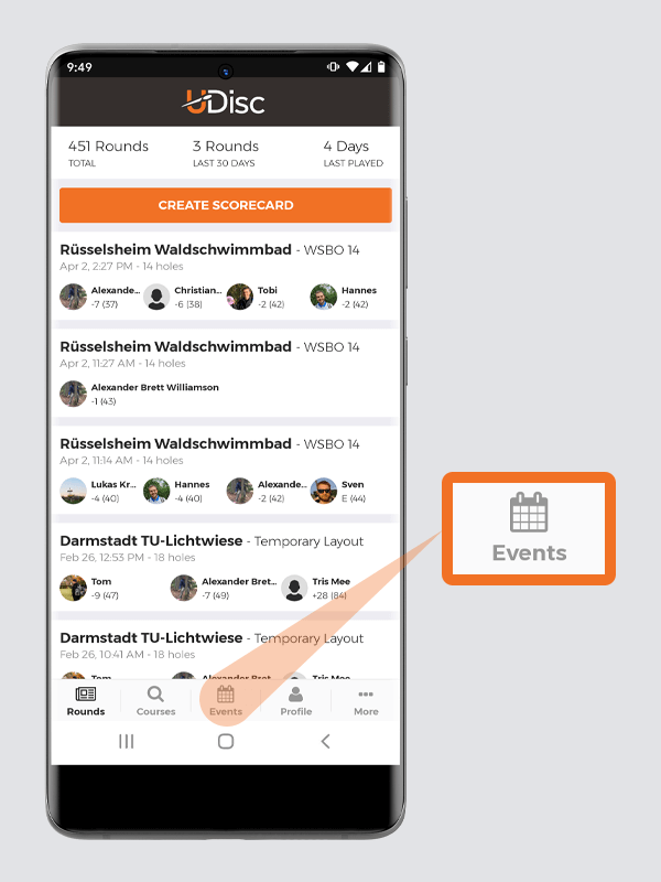 First screen of UDisc app with Events highlighted