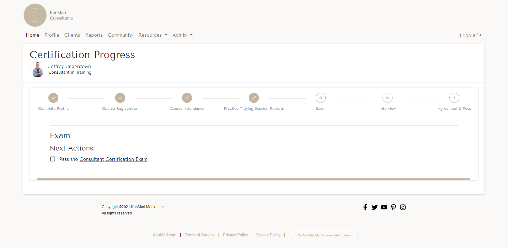 Screenshot of the Kon Mari pre-certification homepage that displays the users certification progress 