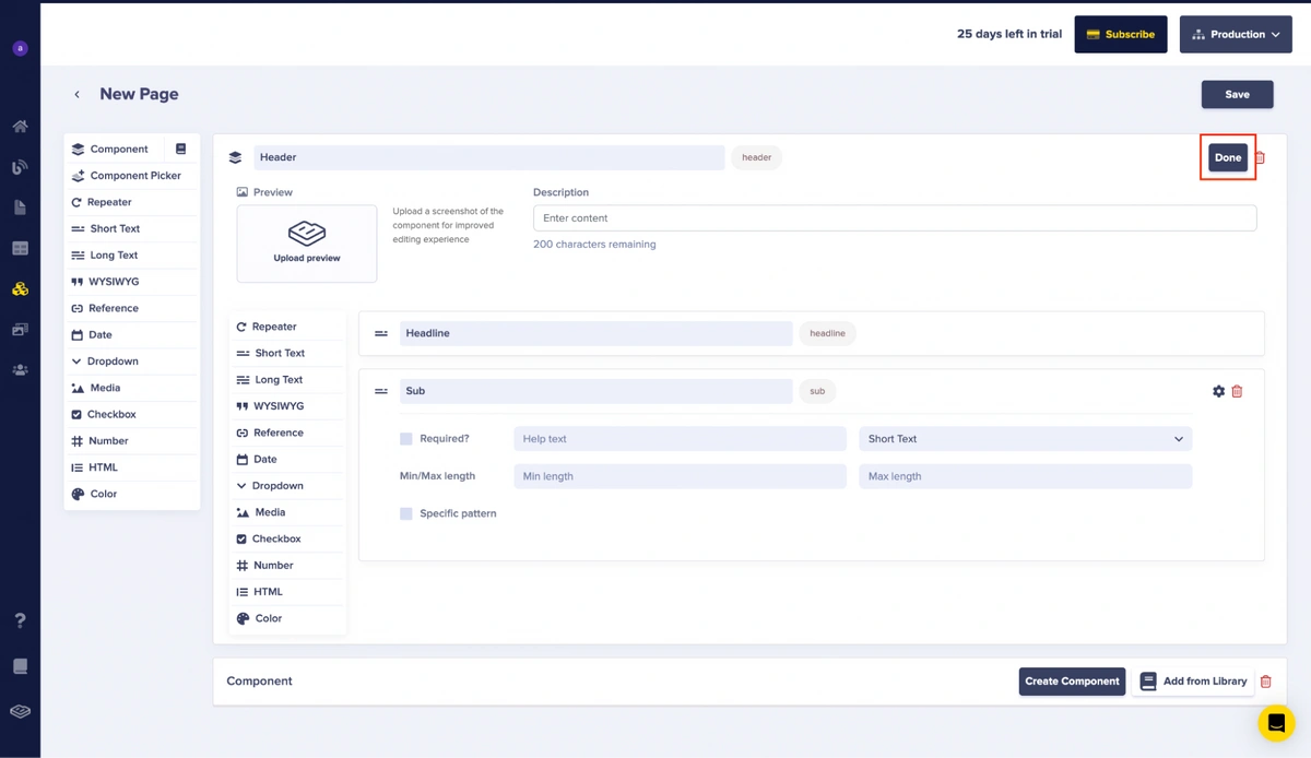 Select Done to save header component schema