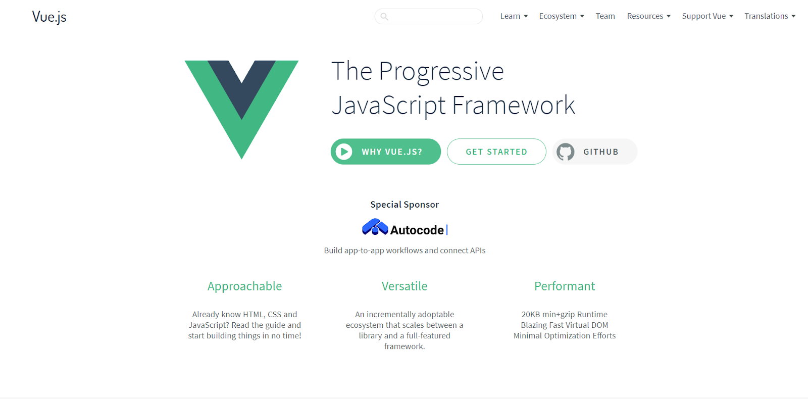 vue homepage screenshot