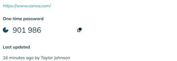 The TeamPassword extension interface showing a 6-digit TOTP two-factor authentication code for a saved account.